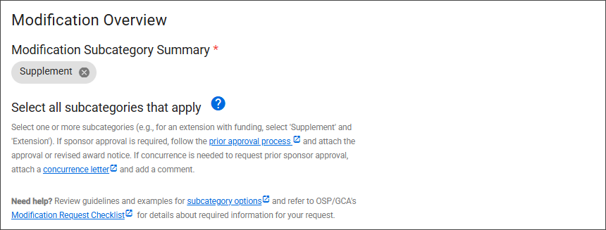 A screenshot of the SAGE Modification OSP/GCA Modification Overview section.