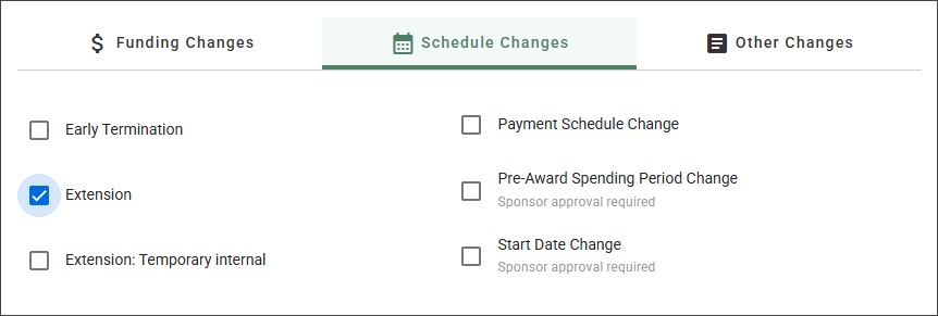 A screenshot of the SAGE Modification OSP/GCA only Schedule Changes subcategory list.
